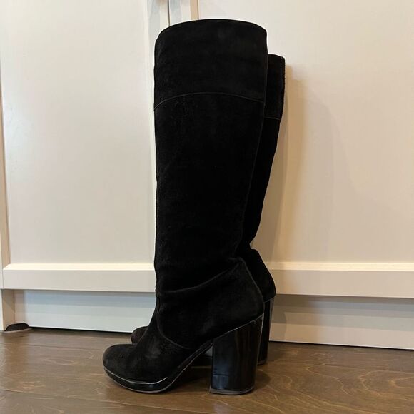 Robert Clergerie Black Boots Chunky Heel Suede Patent Leather Platform 6.5 - Picture 3 of 14